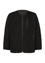 A product shot of the HOMME PLISSÉ ISSEY MIYAKE FLEECE PLEATS blouson in black.