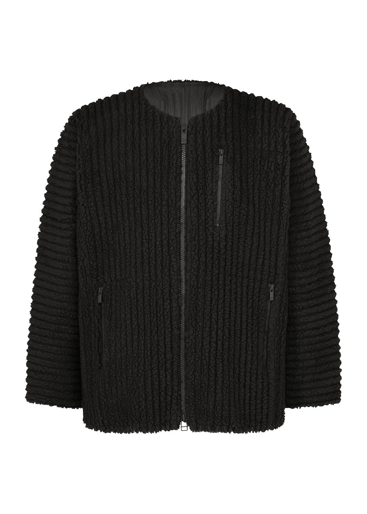 A product shot of the HOMME PLISSÉ ISSEY MIYAKE FLEECE PLEATS blouson in black.