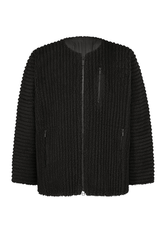 A product shot of the HOMME PLISSÉ ISSEY MIYAKE FLEECE PLEATS blouson in black.