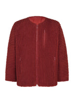 A product shot of the HOMME PLISSÉ ISSEY MIYAKE FLEECE PLEATS blouson in red.