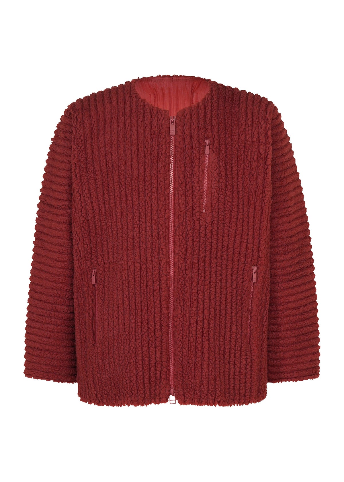 A product shot of the HOMME PLISSÉ ISSEY MIYAKE FLEECE PLEATS blouson in red.
