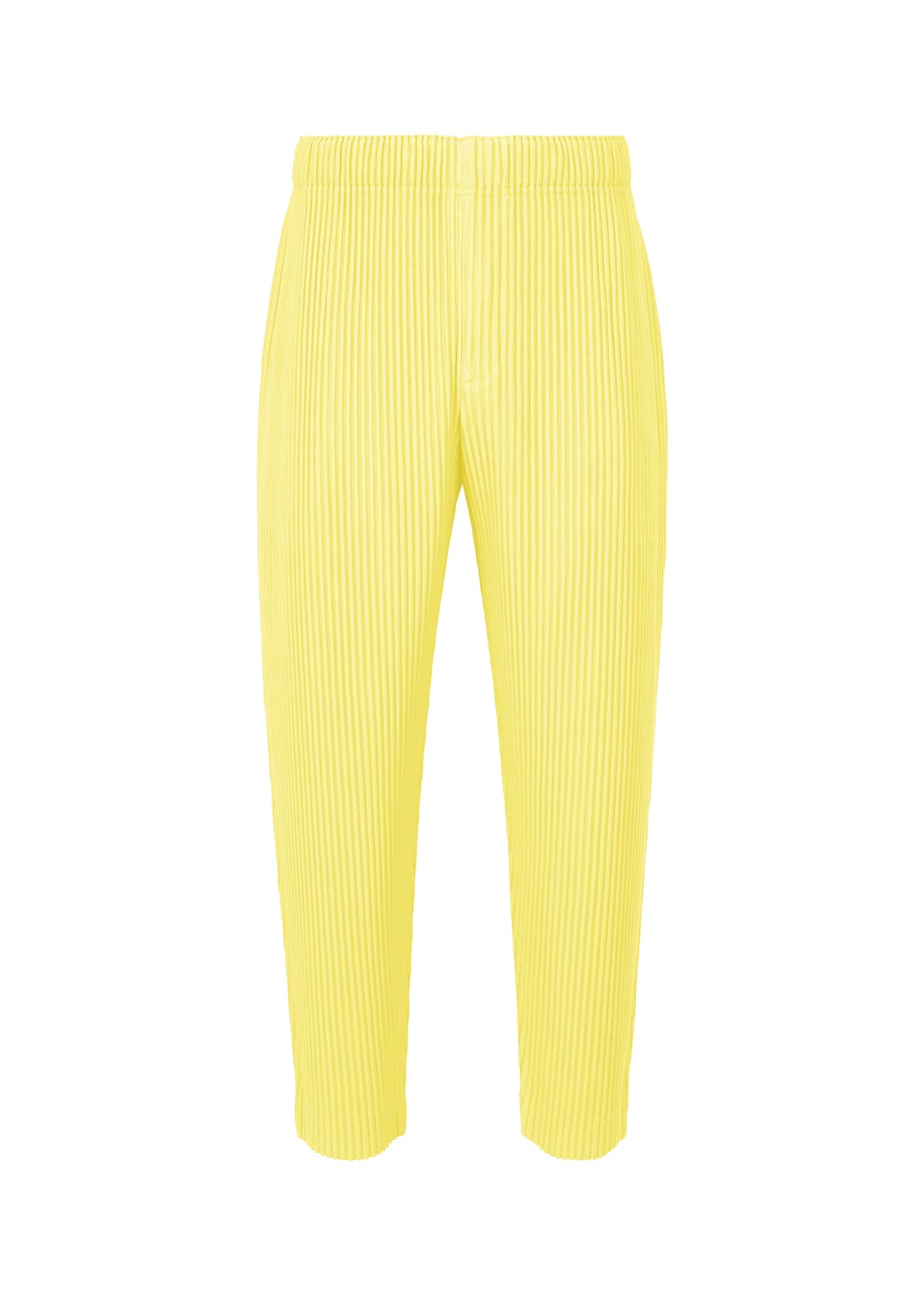 A product shot of the HOMME PLISSÉ ISSEY MIYAKE MONTHLY COLORS : AUGUST pants in shine yellow.