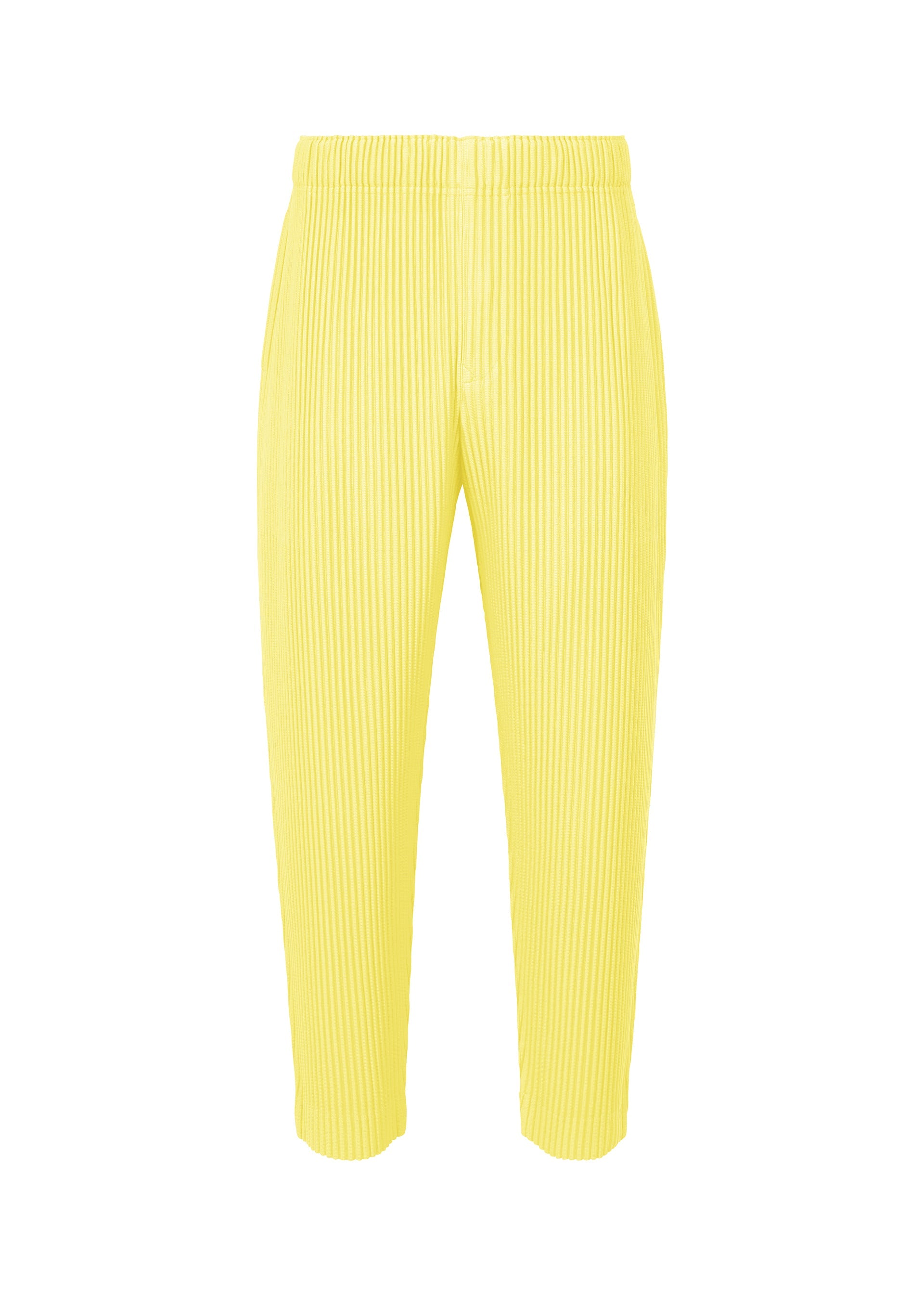 A product shot of the HOMME PLISSÉ ISSEY MIYAKE MONTHLY COLORS : AUGUST pants in shine yellow.