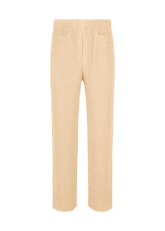 A product shot of the HOMME PLISSÉ ISSEY MIYAKE MONTHLY COLORS : OCTOBER trousers in glow cream.