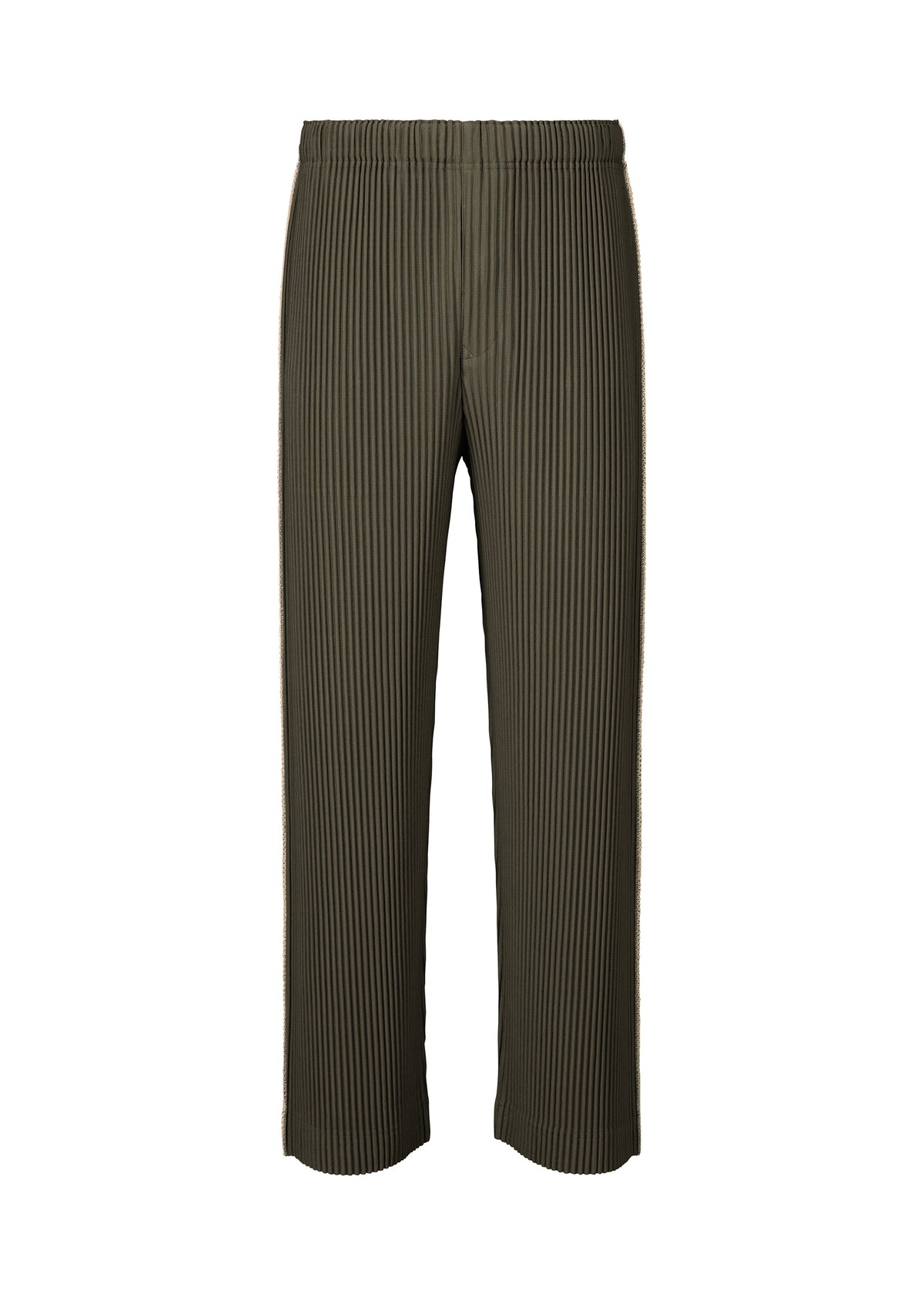 A product shot of the HOMME PLISSÉ ISSEY MIYAKE EMBROIDERY STRIPES pants in shade grayish brown.