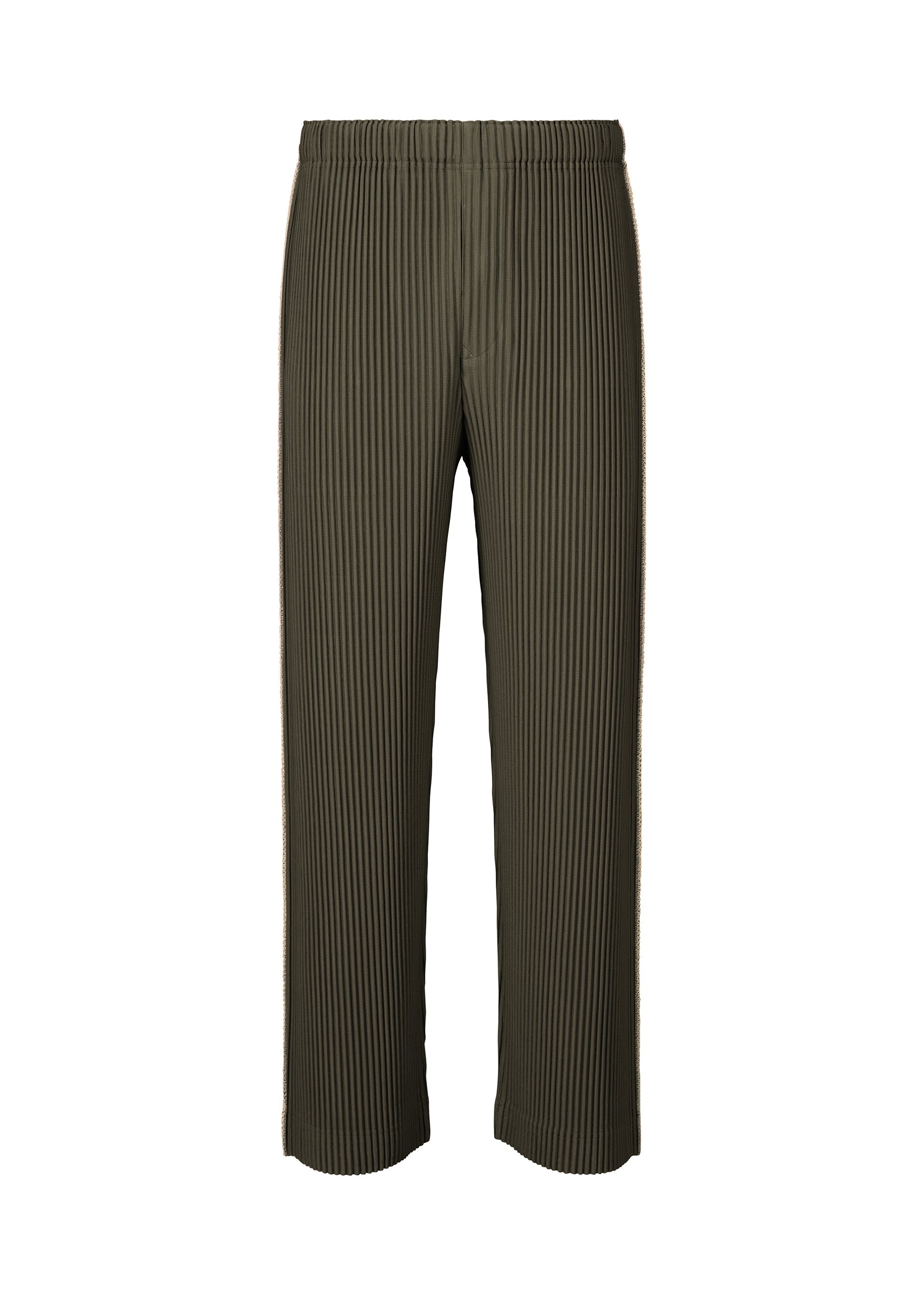 A product shot of the HOMME PLISSÉ ISSEY MIYAKE EMBROIDERY STRIPES pants in shade grayish brown.