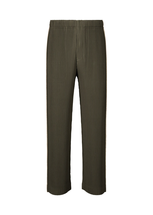 A product shot of the HOMME PLISSÉ ISSEY MIYAKE EMBROIDERY STRIPES pants in shade grayish brown.
