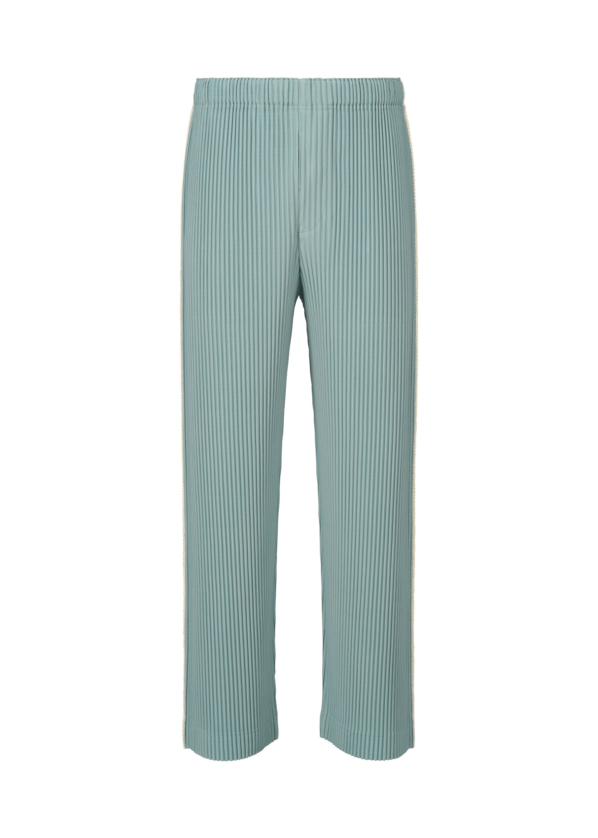 A product shot of the HOMME PLISSÉ ISSEY MIYAKE EMBROIDERY STRIPES pants in gloom blue.