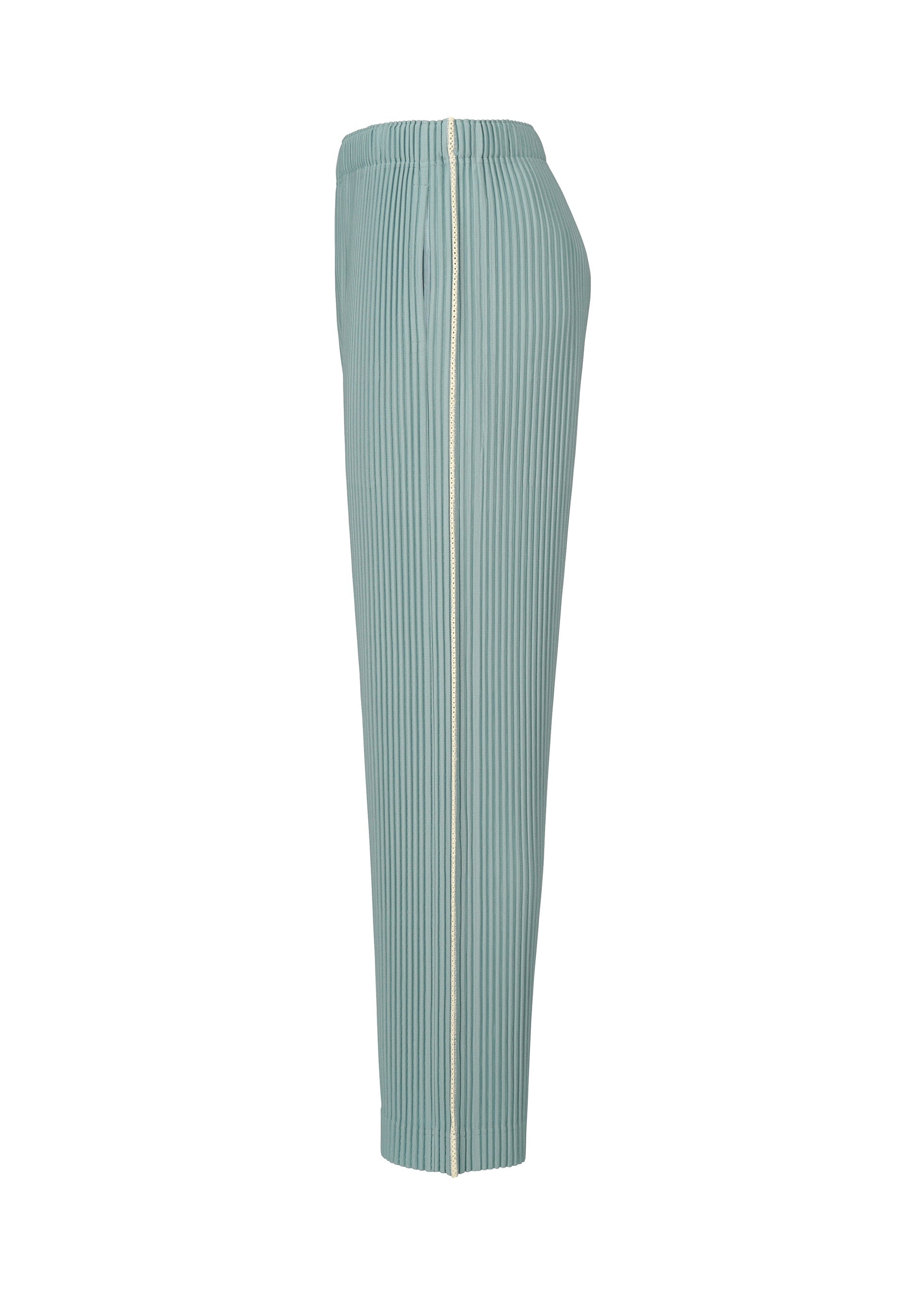 A detail shot of the HOMME PLISSÉ ISSEY MIYAKE EMBROIDERY STRIPES pants.