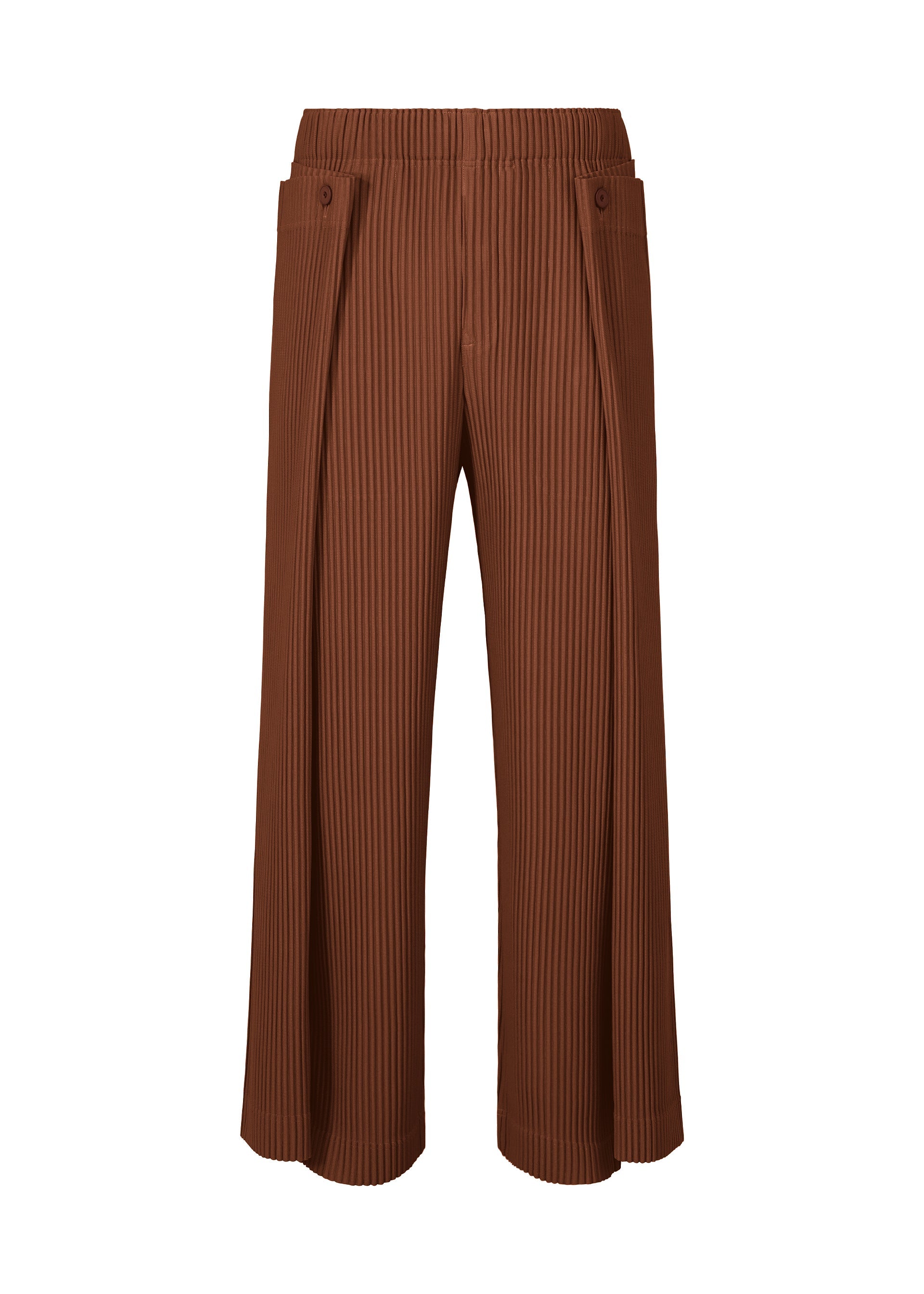 A product shot of the HOMME PLISSÉ ISSEY MIYAKE MOTION BLUR trousers in darkside brown.