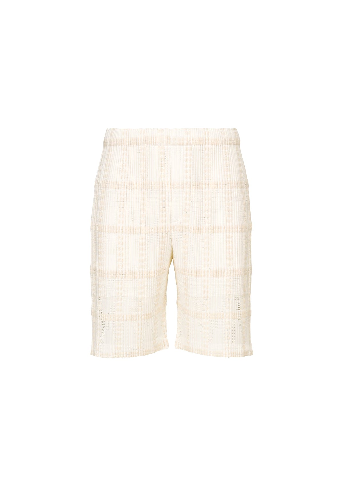 A product shot of the HOMME PLISSÉ ISSEY MIYAKE LACE GRID PLEATS pants in white.