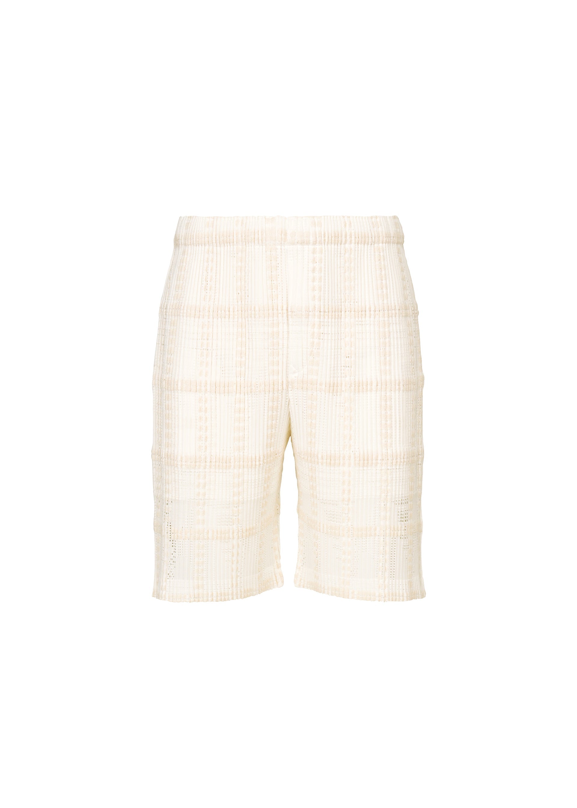 A product shot of the HOMME PLISSÉ ISSEY MIYAKE LACE GRID PLEATS pants in white.