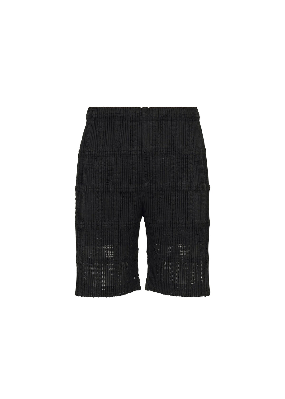 A product shot of the HOMME PLISSÉ ISSEY MIYAKE LACE GRID PLEATS pants in black.