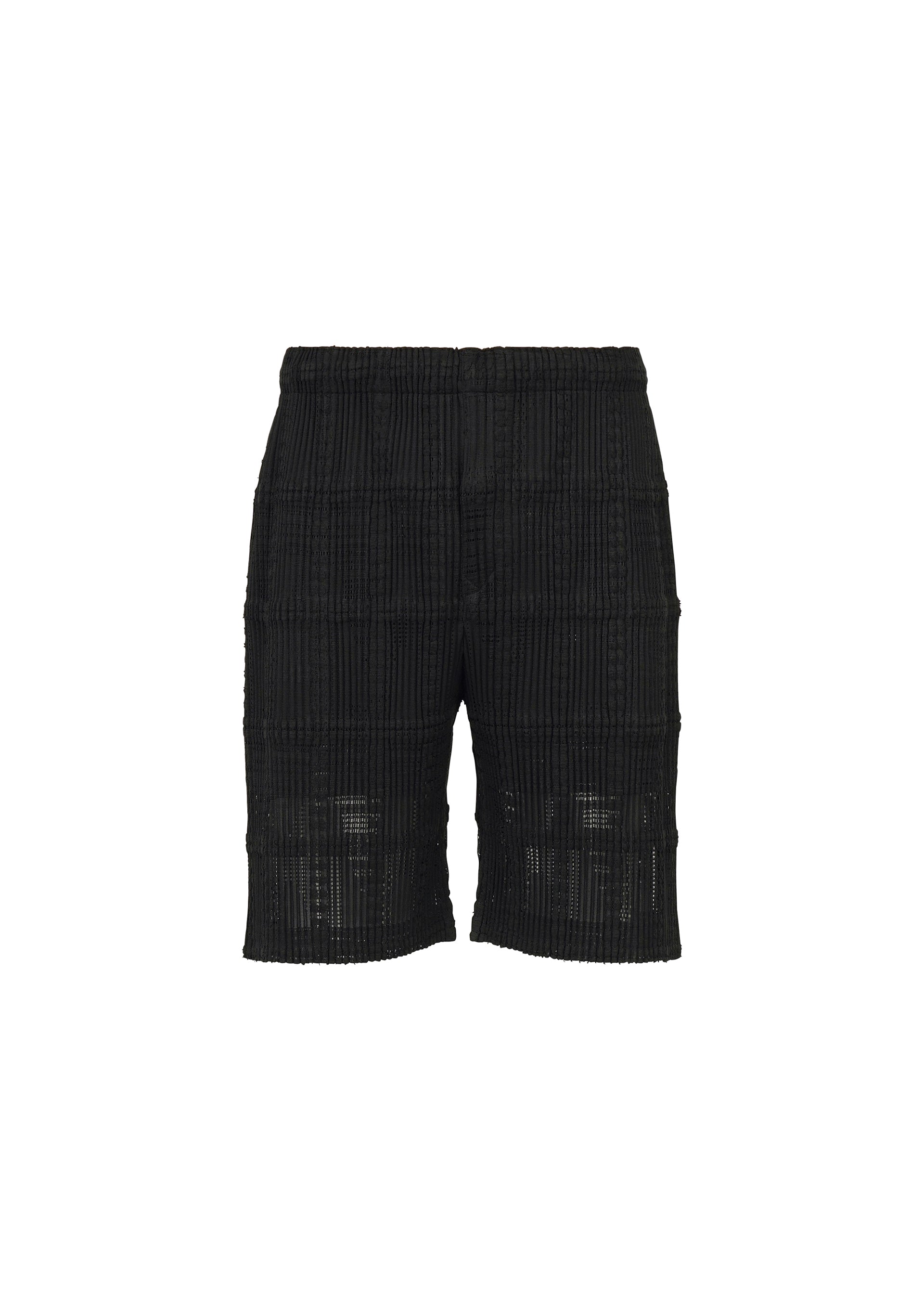 A product shot of the HOMME PLISSÉ ISSEY MIYAKE LACE GRID PLEATS pants in black.