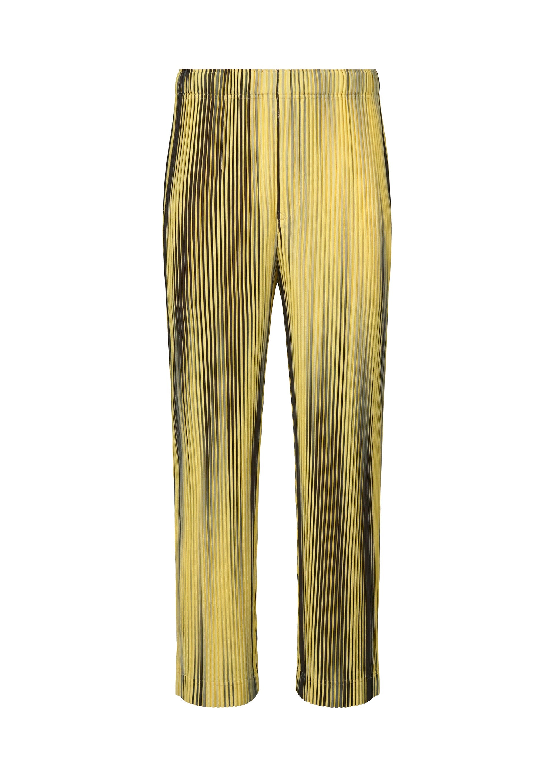 A product shot of the HOMME PLISSÉ ISSEY MIYAKE BLEND OF LIGHTS trousers in yellow.