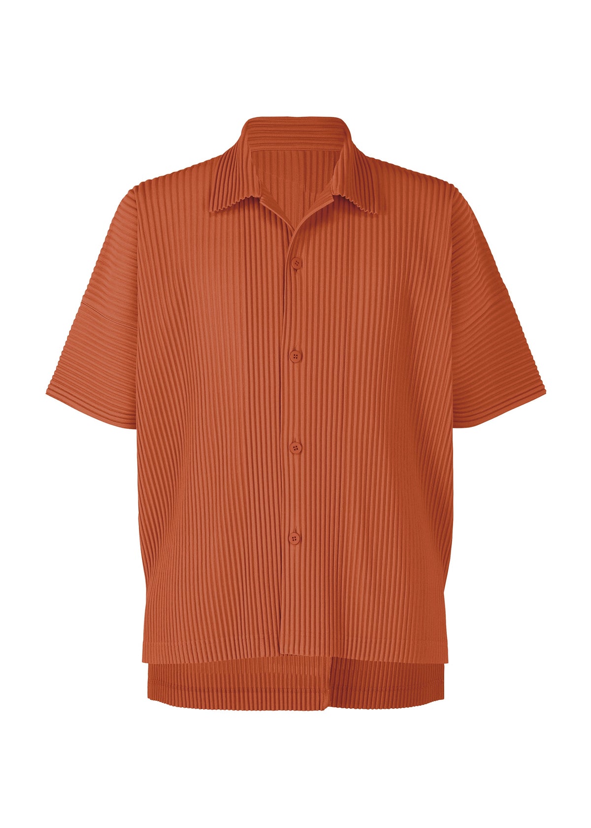 A product shot of the HOMME PLISSÉ ISSEY MIYAKE MONTHLY COLORS : AUGUST shirt in shade vermillion.