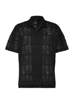 A product shot of the HOMME PLISSÉ ISSEY MIYAKE LACE GRID PLEATS shirt in black.