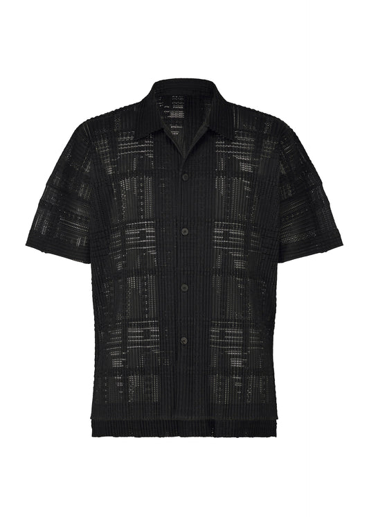 A product shot of the HOMME PLISSÉ ISSEY MIYAKE LACE GRID PLEATS shirt in black.
