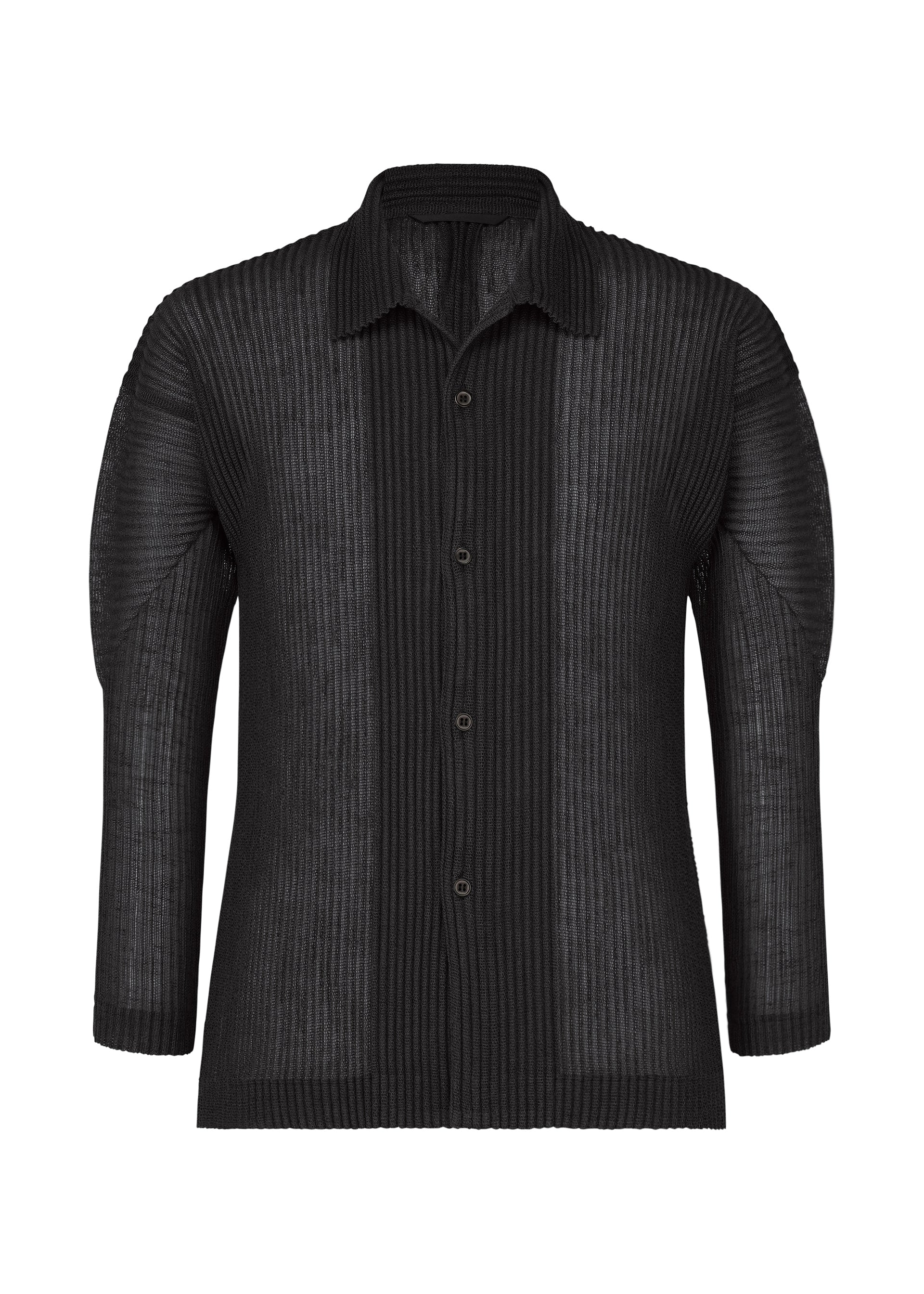 A product shot of the HOMME PLISSÉ ISSEY MIYAKE RUSTIC MESH shirt in black.