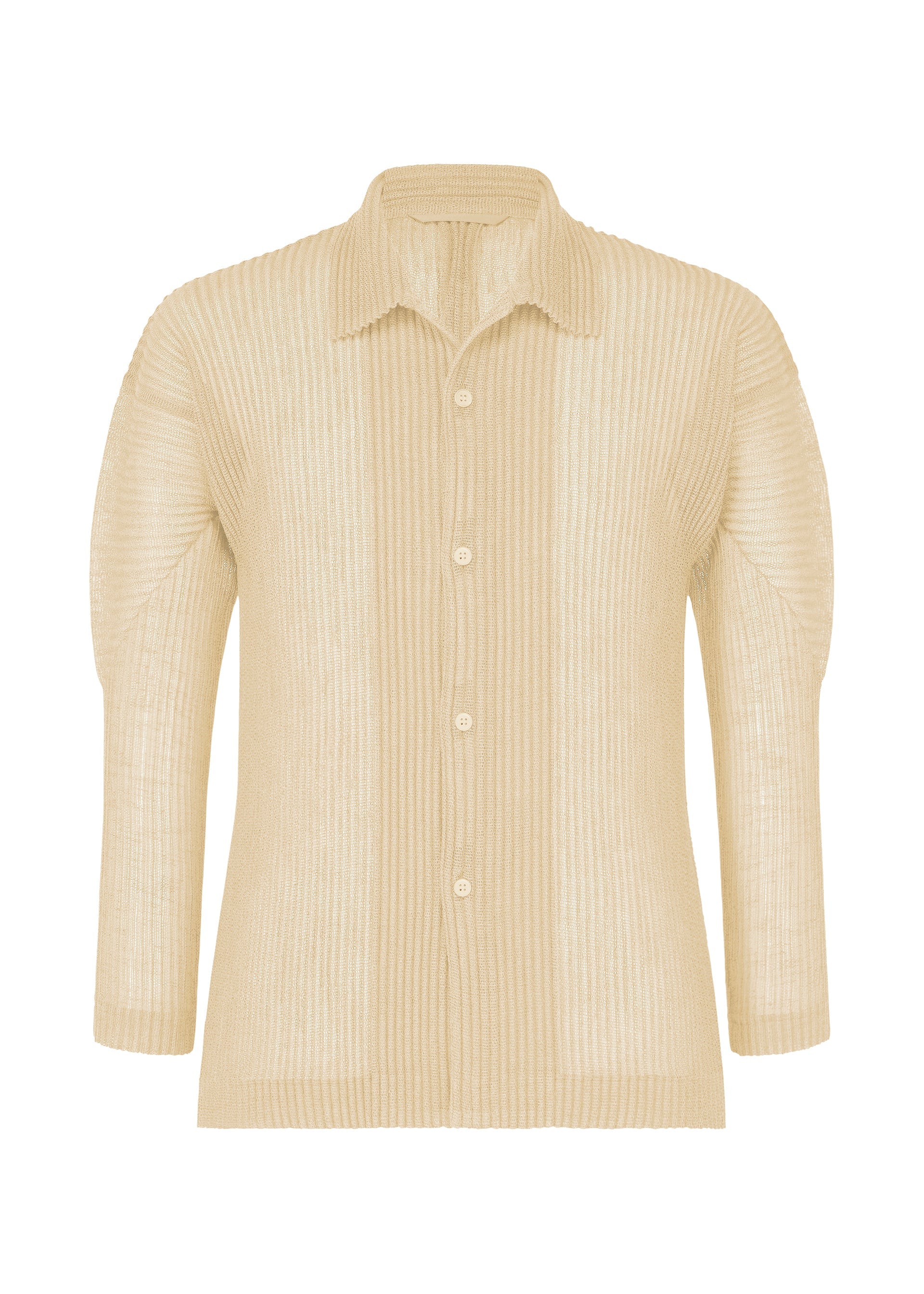 A product shot of the HOMME PLISSÉ ISSEY MIYAKE RUSTIC MESH shirt in ivory.
