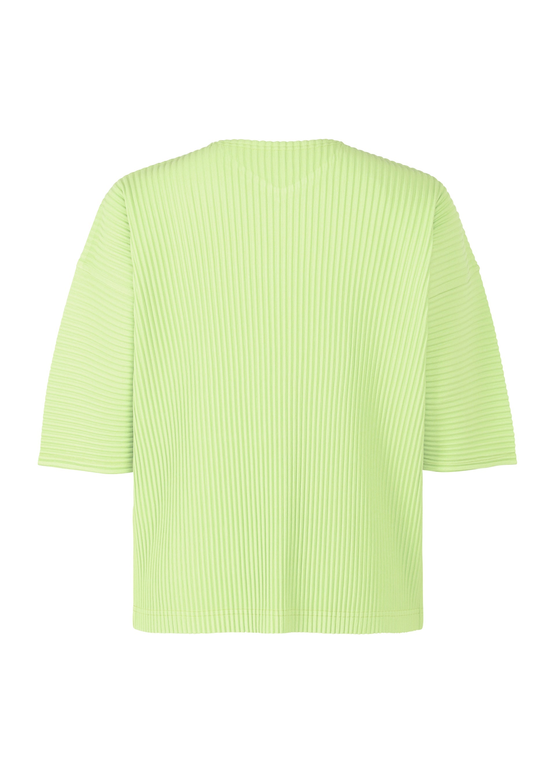 A detail shot of the HOMME PLISSÉ ISSEY MIYAKE MONTHLY COLORS : JULY t-shirt.