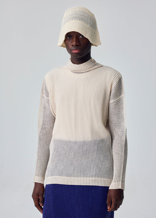 A model wears the HOMME PLISSÉ ISSEY MIYAKE RUSTIC MESH rustic-mesh-t-shirt-black-3.
