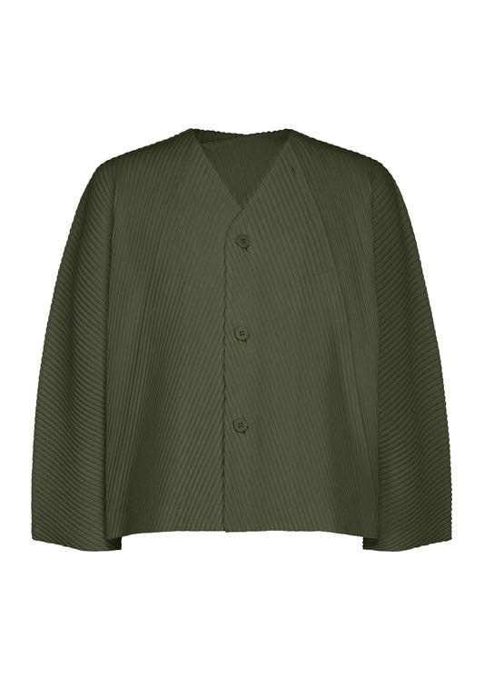 A product shot of the HOMME PLISSÉ ISSEY MIYAKE SLASH blouson in dim green.