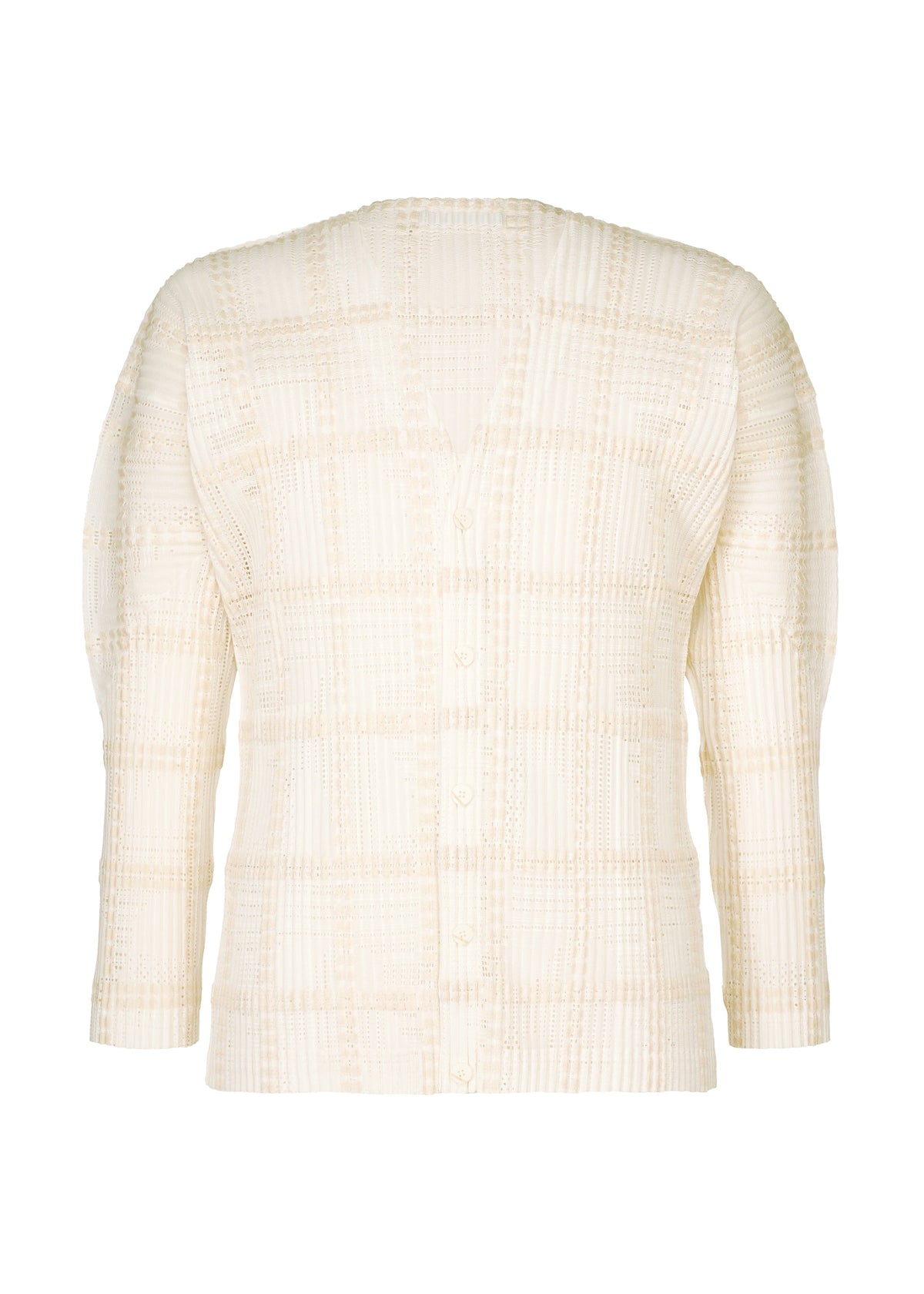A product shot of the HOMME PLISSÉ ISSEY MIYAKE LACE GRID PLEATS blouson in white.