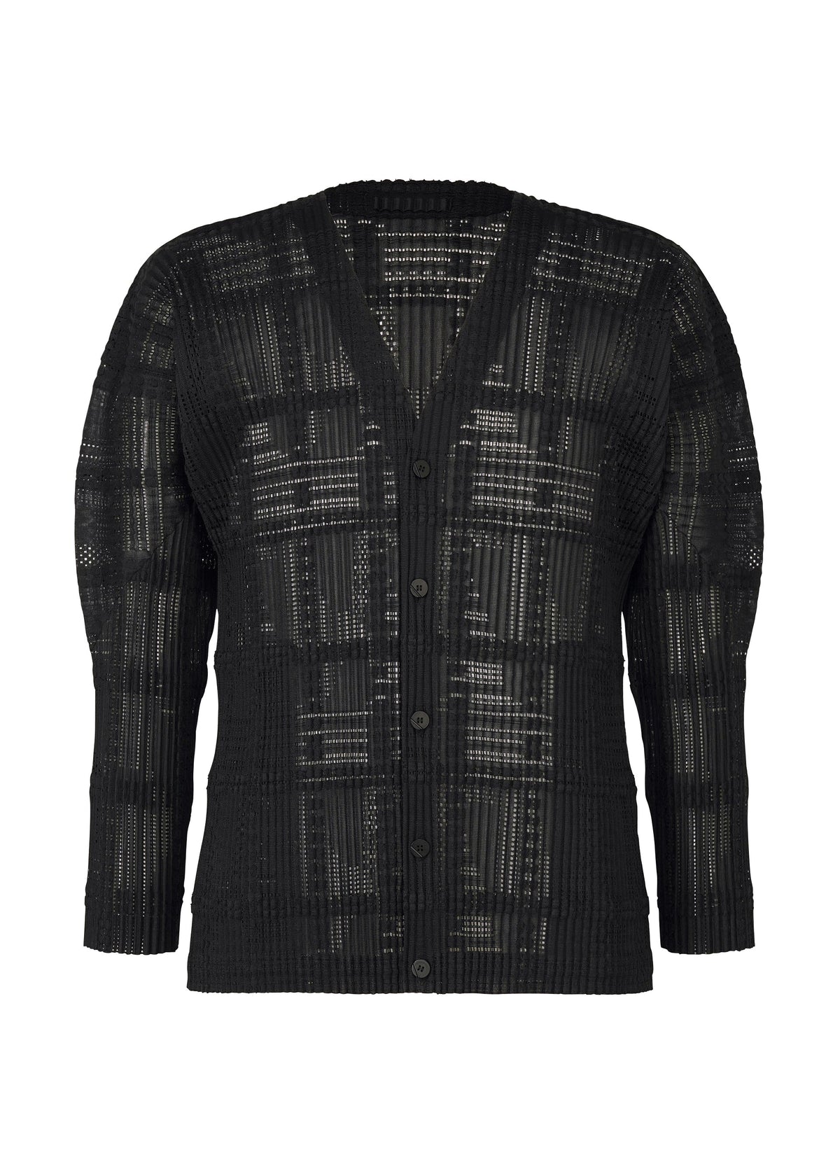 A product shot of the HOMME PLISSÉ ISSEY MIYAKE LACE GRID PLEATS blouson in black.