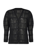 A product shot of the HOMME PLISSÉ ISSEY MIYAKE LACE GRID PLEATS blouson in black.