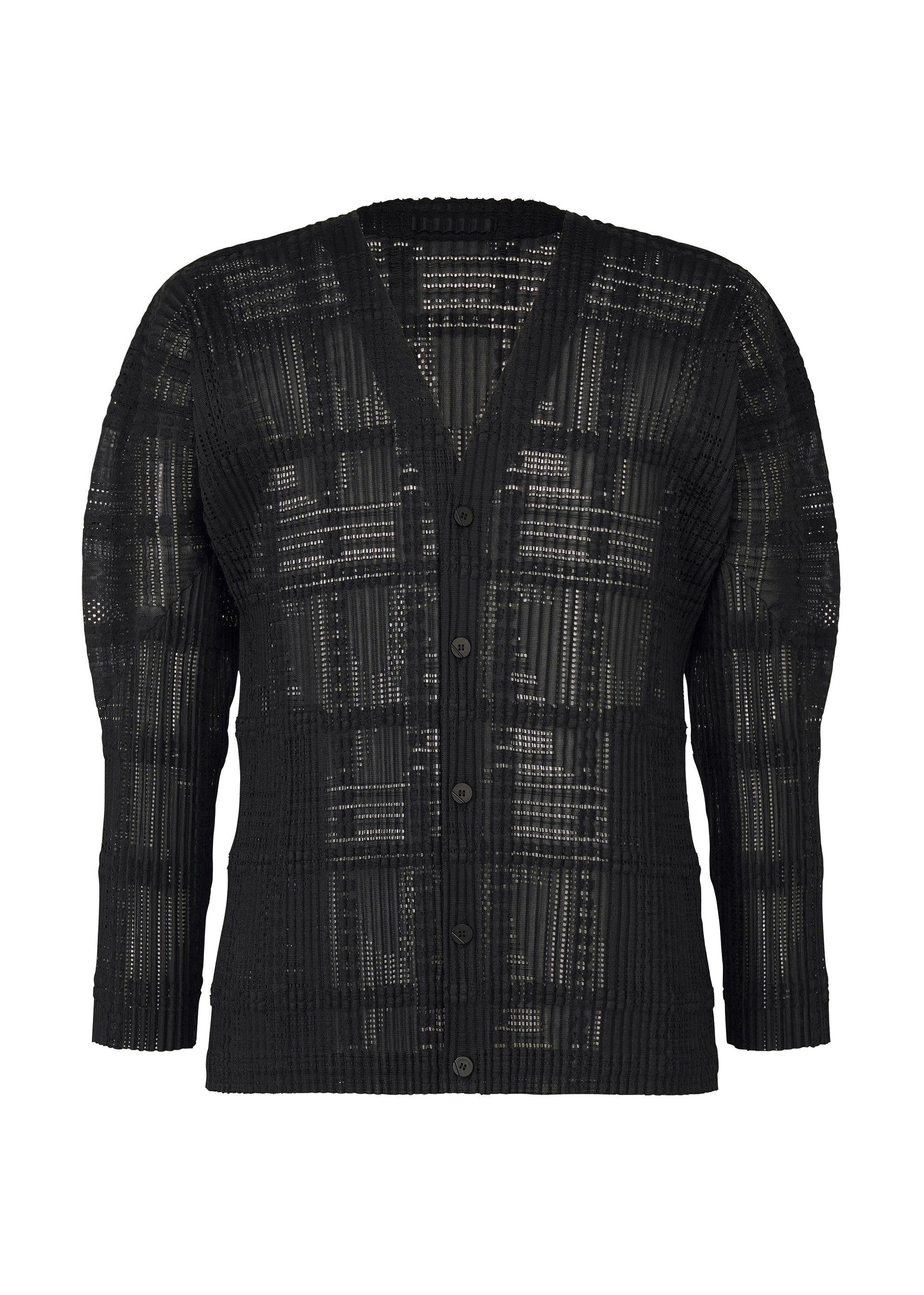 A product shot of the HOMME PLISSÉ ISSEY MIYAKE LACE GRID PLEATS blouson in black.