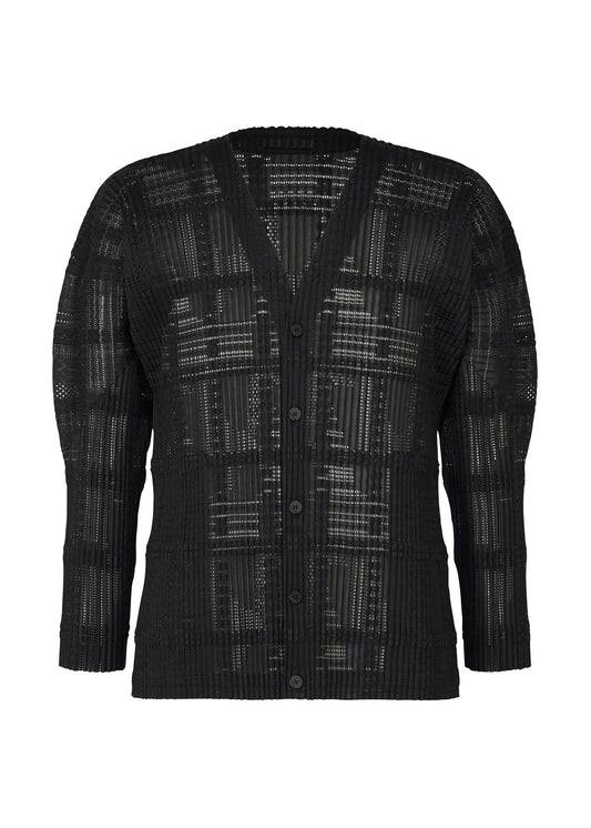 A product shot of the HOMME PLISSÉ ISSEY MIYAKE LACE GRID PLEATS blouson in black.