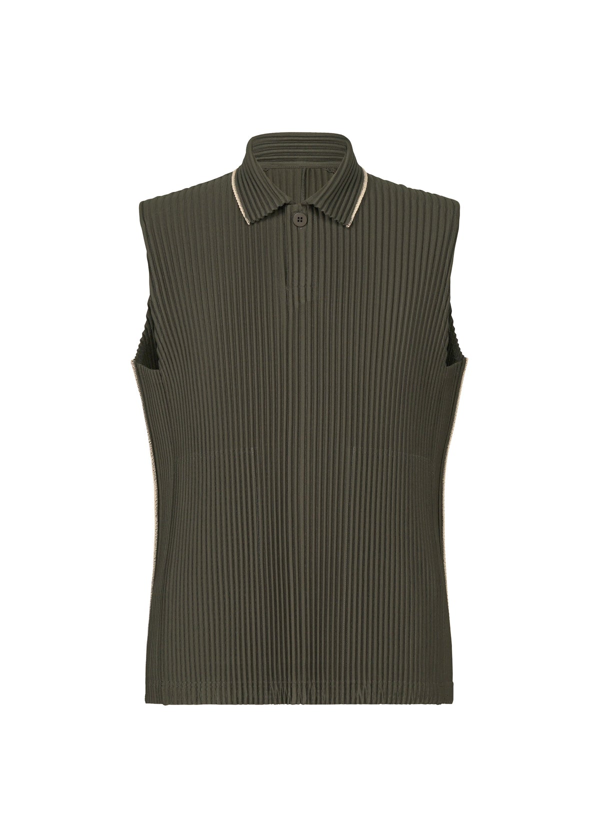 A product shot of the HOMME PLISSÉ ISSEY MIYAKE EMBROIDERY STRIPES vest in shade grayish brown.