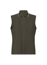 A product shot of the HOMME PLISSÉ ISSEY MIYAKE EMBROIDERY STRIPES vest in shade grayish brown.