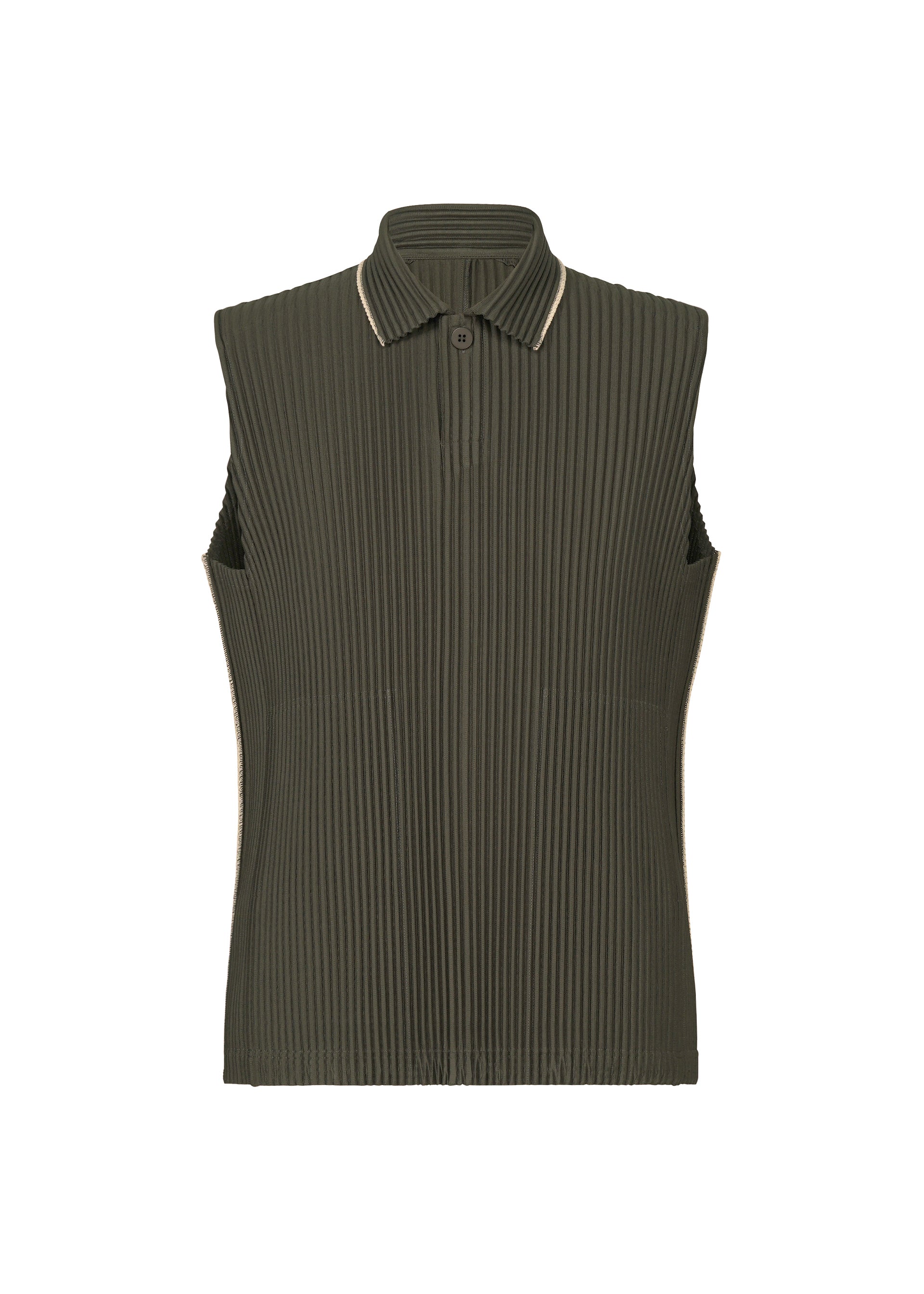 A product shot of the HOMME PLISSÉ ISSEY MIYAKE EMBROIDERY STRIPES vest in shade grayish brown.