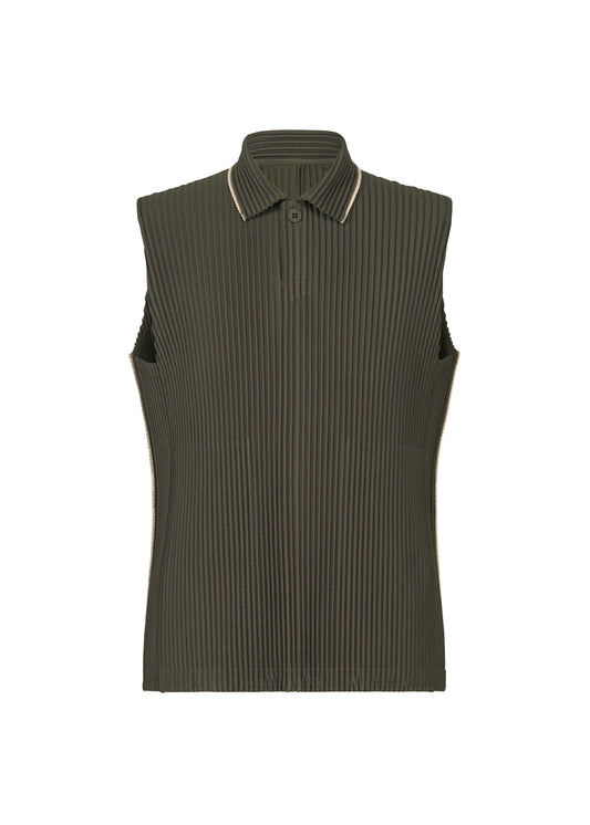A product shot of the HOMME PLISSÉ ISSEY MIYAKE EMBROIDERY STRIPES vest in shade grayish brown.