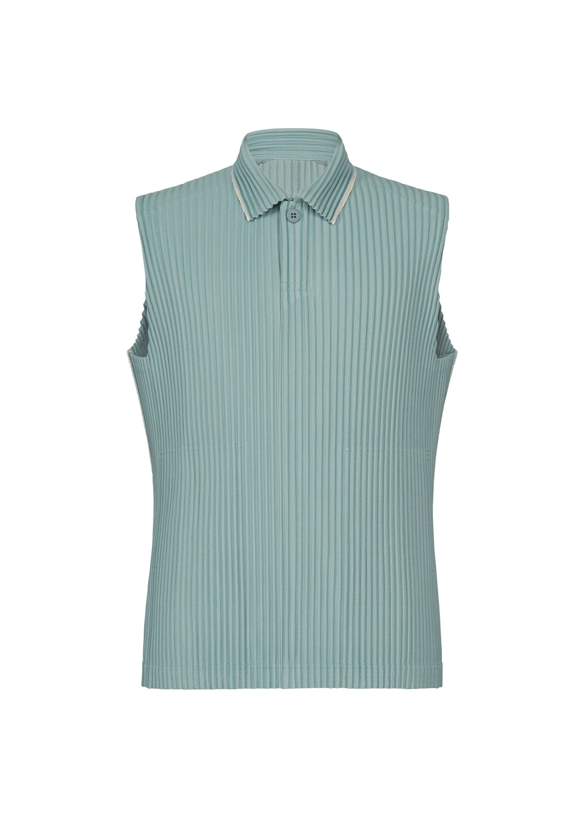 A product shot of the HOMME PLISSÉ ISSEY MIYAKE EMBROIDERY STRIPES vest in gloom blue.