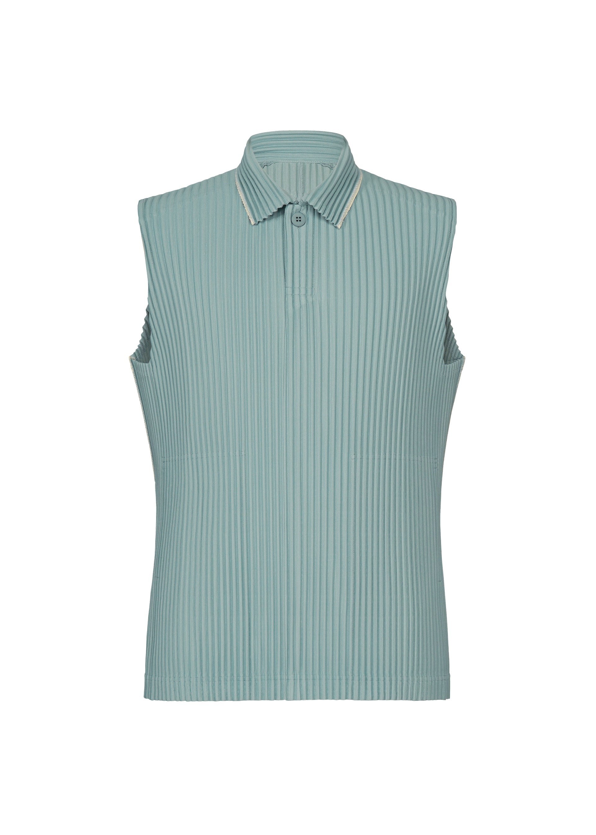 A product shot of the HOMME PLISSÉ ISSEY MIYAKE EMBROIDERY STRIPES vest in gloom blue.