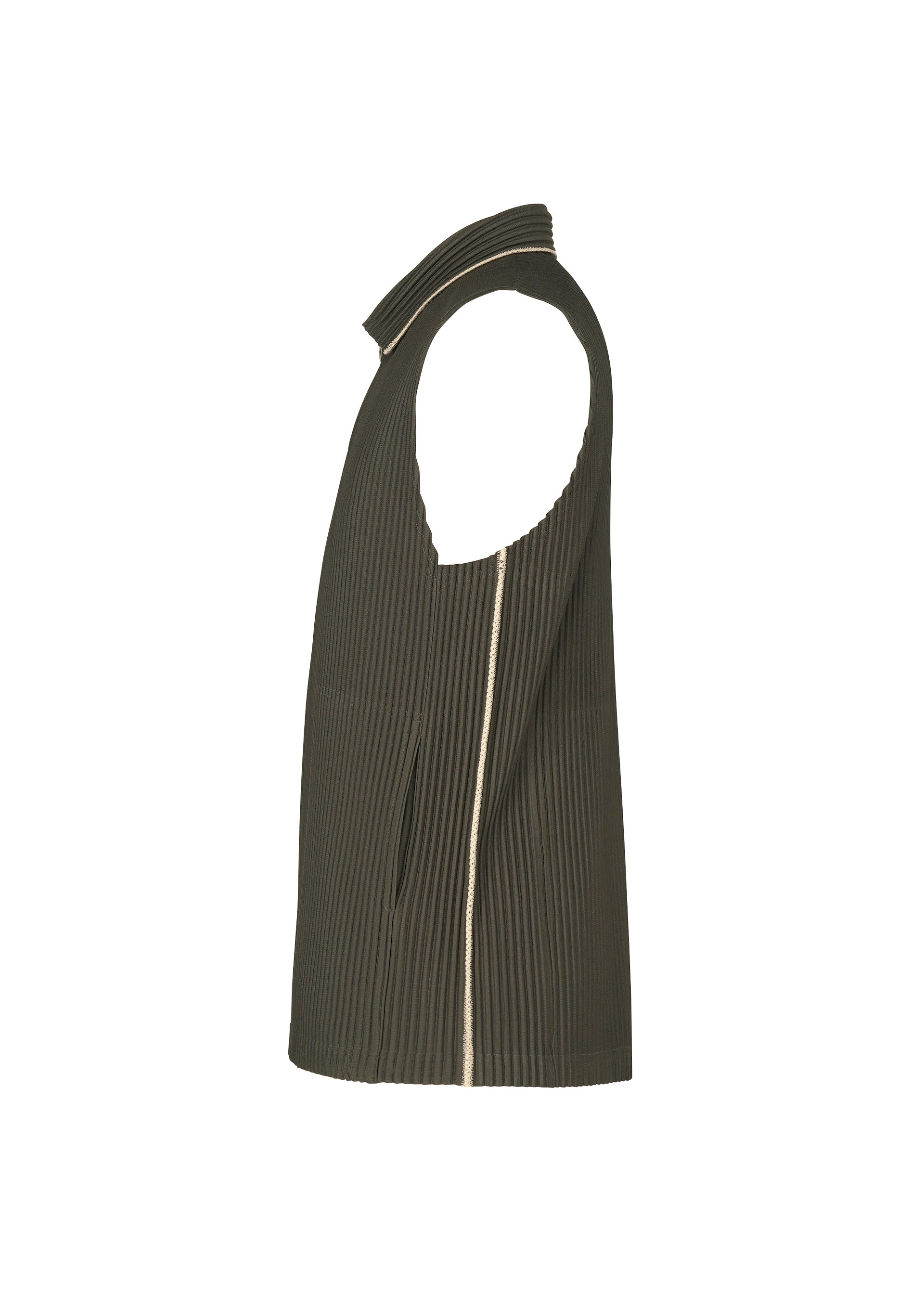 A detail shot of the HOMME PLISSÉ ISSEY MIYAKE EMBROIDERY STRIPES vest.