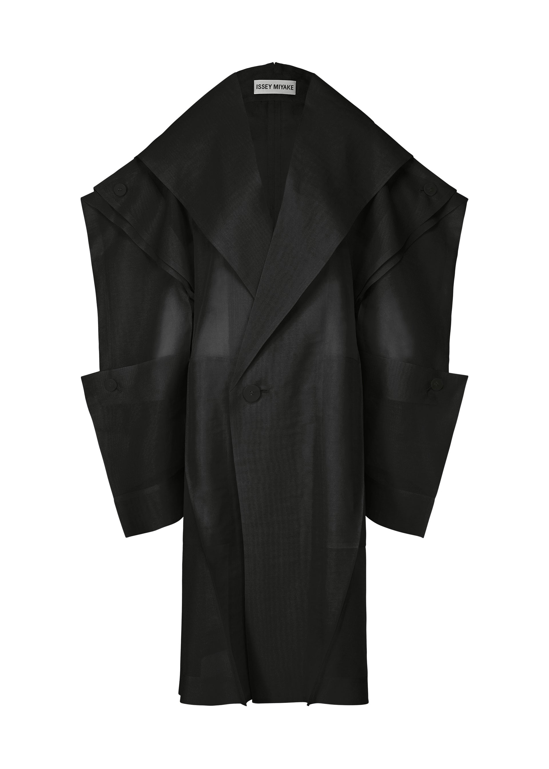 A product shot of the ISSEY MIYAKE PRESS AND PRESSED coat in black (15).