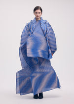 A model wears the Issey Miyake GENERIC STRIPES HAND PLEATS jacket.