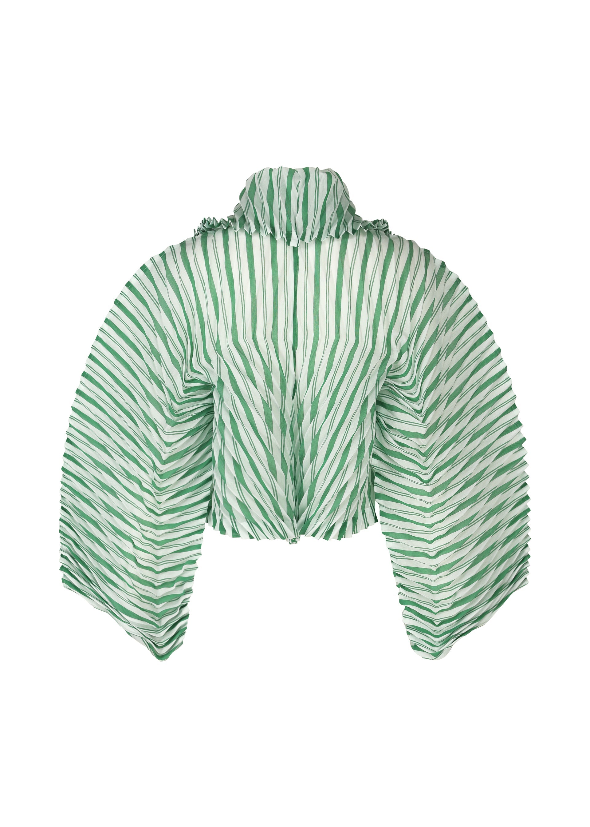 A detail shot of the Issey Miyake GENERIC STRIPES HAND PLEATS jacket.