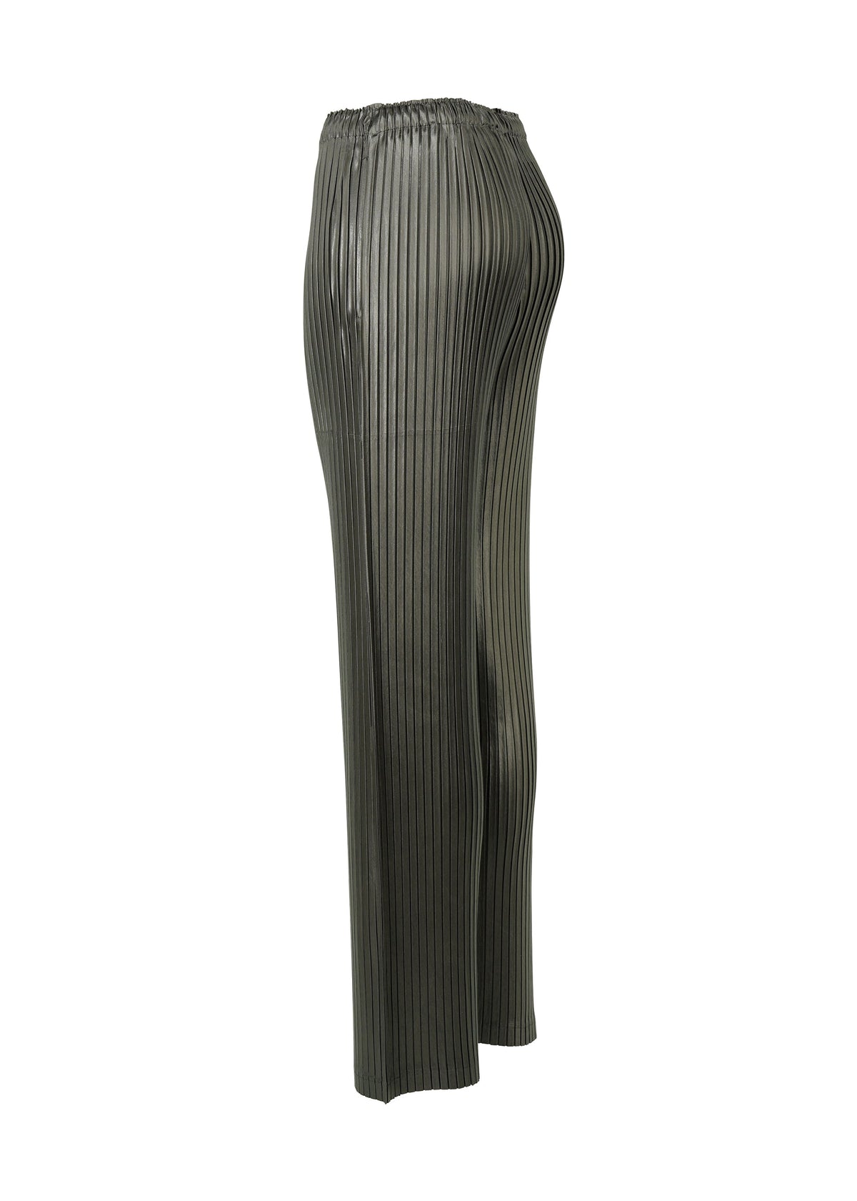 A detail shot of the Issey Miyake GLOSSED METAL PLEATS trousers.