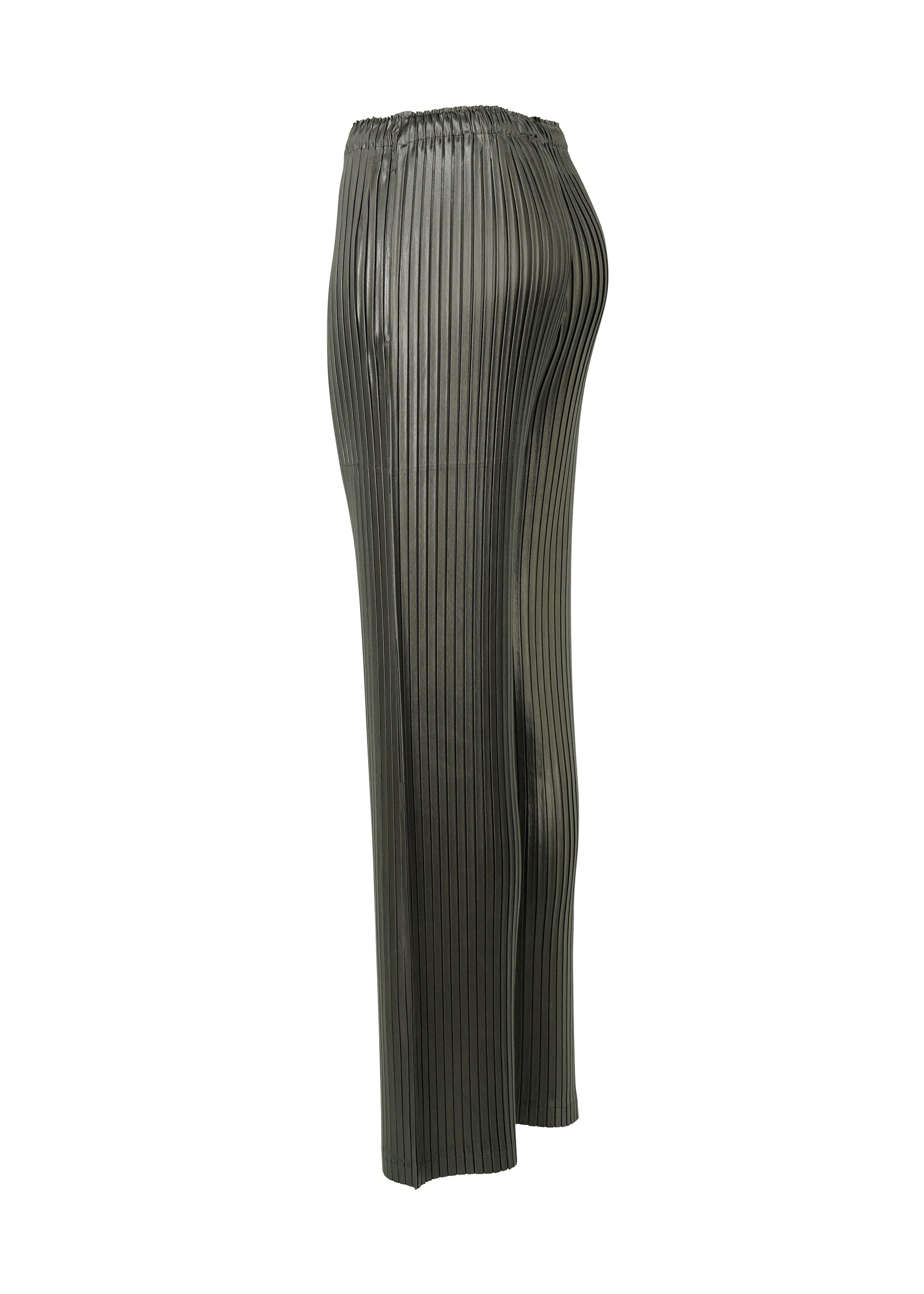 A detail shot of the Issey Miyake GLOSSED METAL PLEATS trousers.