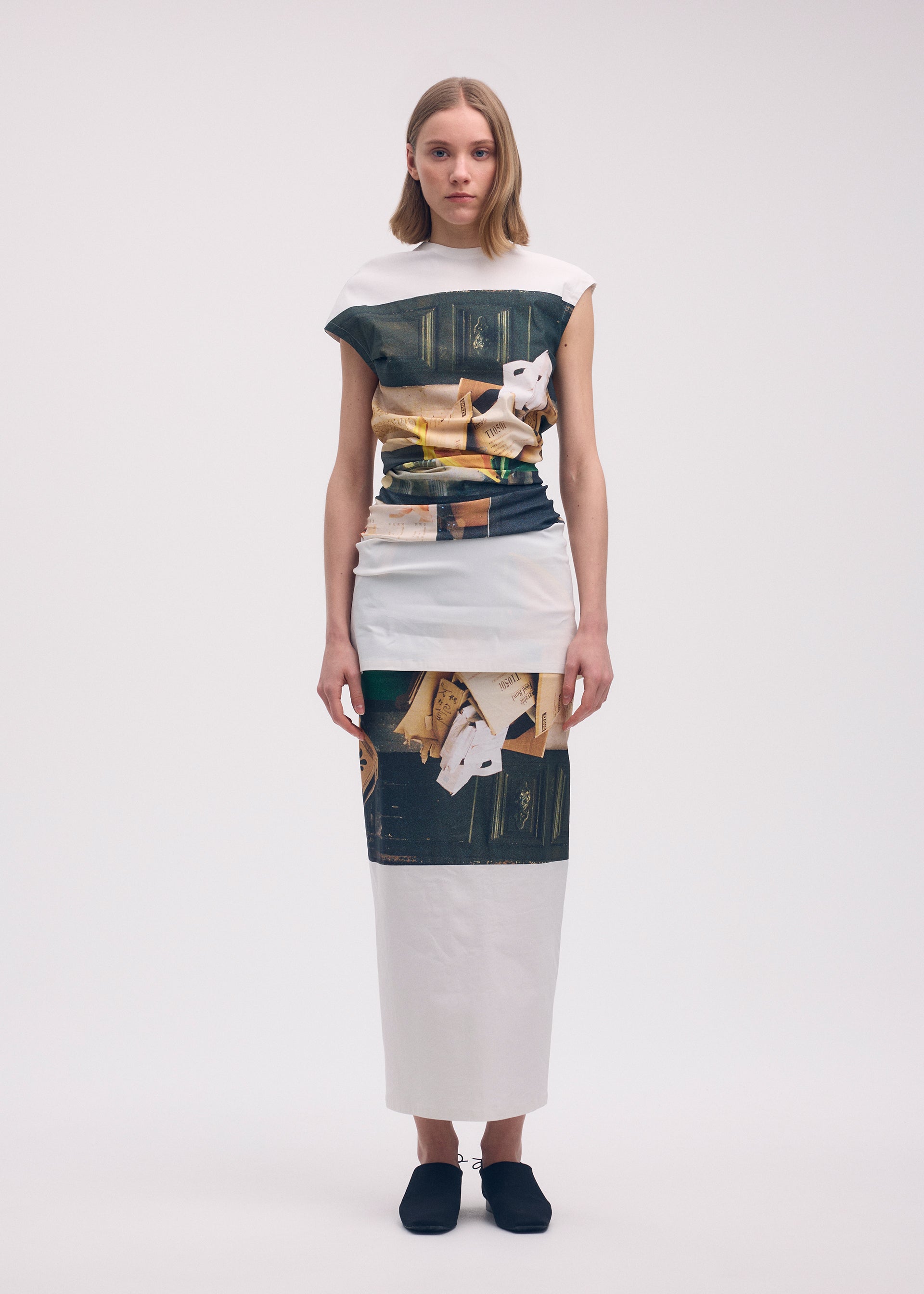 A model wears the Issey Miyake STREET VIEW skirt.
