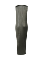 A detail shot of the Issey Miyake GLOSSED METAL PLEATS dress.