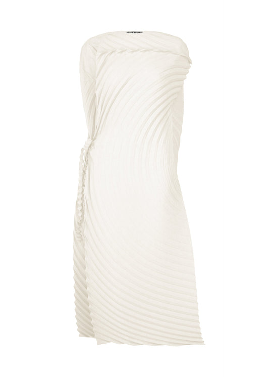 A product shot of the ISSEY MIYAKE PAPER BAG PLEATS dress in white (01).