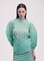 A model wears the Issey Miyake GENERIC STRIPES HAND PLEATS prêt à porter.