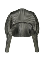 A detail shot of the Issey Miyake GLOSSED METAL PLEATS cardigan.