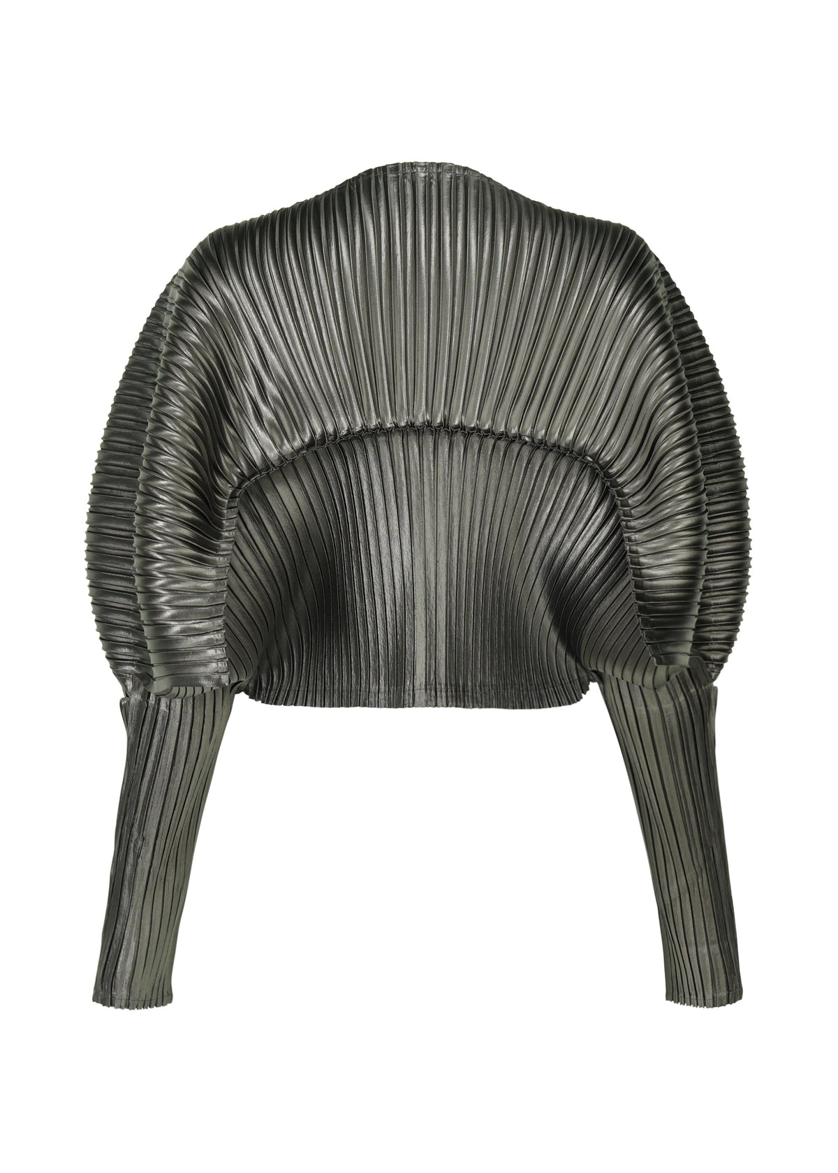 A detail shot of the Issey Miyake GLOSSED METAL PLEATS cardigan.
